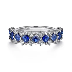 New Gabriel & Co. 14K White Gold Diamond and Princess Cut Blue Sapphire Wide Band Ring