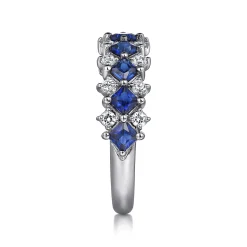 New Gabriel & Co. 14K White Gold Diamond and Princess Cut Blue Sapphire Wide Band Ring