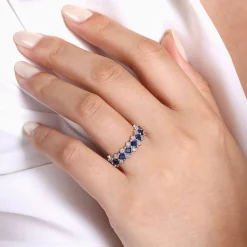 New Gabriel & Co. 14K White Gold Diamond and Princess Cut Blue Sapphire Wide Band Ring