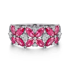 Clearance Gabriel & Co. 14K White Gold Diamond and Ruby Floral Wide Band Ring