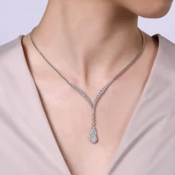 Discount Gabriel & Co. 18K White Gold Diamond Cluster Teardrop and Chevron Necklace
