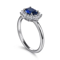 Hot Gabriel & Co. 14K White Gold Diamond Halo and Oval Sapphire Classic Ladies Ring