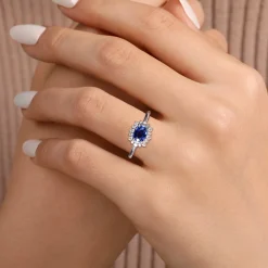 Hot Gabriel & Co. 14K White Gold Diamond Halo and Oval Sapphire Classic Ladies Ring
