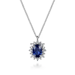 Best Gabriel & Co. 14K White Gold Diamond Halo and Oval Sapphire Classic Pendant Necklace