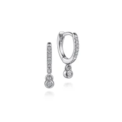 Online Gabriel & Co. 14K White Gold Diamond 10mm Huggie Drop Earrings With U Set Diamond Huggie and Bezel Set Diamond Hang Off The Bottom The Huggie