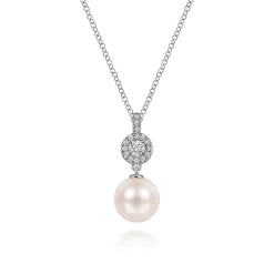 Online Gabriel & Co. 14K White Gold Diamond Pave Halo and Pearl Drop Pendant Necklace