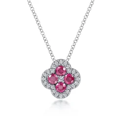 Gabriel & Co. 14K White Gold Diamond Ruby Clover Pendant Necklace