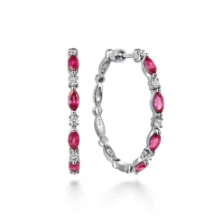 New Gabriel & Co. 14K White Gold Diamonds and Marquise Ruby Classic Hoop Earrings