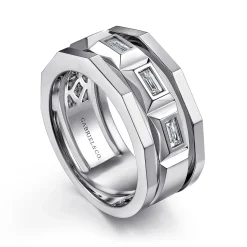 Outlet Gabriel & Co. 14K White Gold Faceted Ring with Diamond Baguettes in High Polished Finish