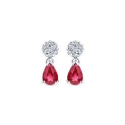 Gabriel & Co. 14K White Gold Floral Diamond Stud Earrings with Pear Shaped Ruby Drops