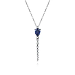 Best Gabriel & Co. 14K White Gold Graduating Diamonds and Blue Sapphire Pendant Drop Necklace