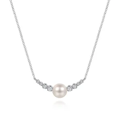 New Gabriel & Co. 14K White Gold Graduating Diamond and Pearl Bar Necklace