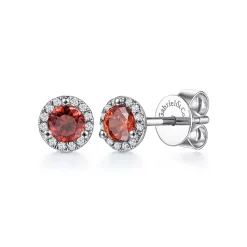 Hot Gabriel & Co. 14K White Gold Halo Garnet and Diamond Stud Earrings