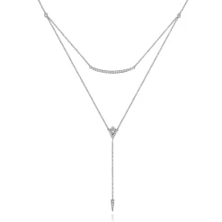 New Gabriel & Co. 14K White Gold Layered Curved Bar and Diamond Drop Y Necklace