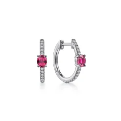 Outlet Gabriel & Co. 14K White Gold 15mm Diamond and Single Ruby Huggie Earrings