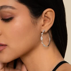 Hot Gabriel & Co. 14K White Gold 40mm Diamond Baguette and Round Station Classic Hoop Earrings