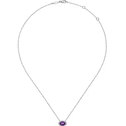 Outlet Gabriel & Co. 14K White Gold Oval Amethyst and Diamond Halo Pendant Necklace