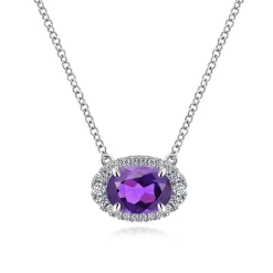 Outlet Gabriel & Co. 14K White Gold Oval Amethyst and Diamond Halo Pendant Necklace