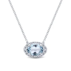 Gabriel & Co. 14K White Gold Oval Aquamarine and Diamond Halo Pendant Necklace