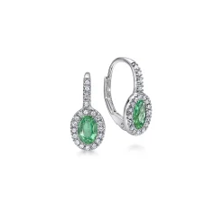 Gabriel & Co. 14K White Gold Oval Emerald and Diamond Halo Leverback Earrings
