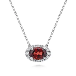 Sale Gabriel & Co. 14K White Gold Oval Garnet and Diamond Halo Pendant Necklace