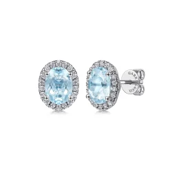 Clearance Gabriel & Co. 14K White Gold Oval Halo Aquamarine and Diamond Stud Earrings