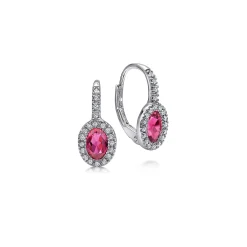 Hot Gabriel & Co. 14K White Gold Oval Ruby and Diamond Halo Leverback Earrings