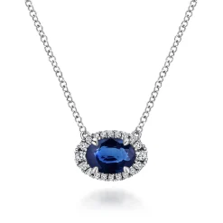 Clearance Gabriel & Co. 14K White Gold Oval Sapphire and Diamond Halo Pendant Necklace