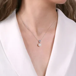 Outlet Gabriel & Co. 14K White Gold Pave Diamond and Pearl Pendant Necklace