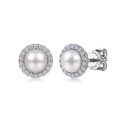 Hot Gabriel & Co. 14K White Gold Pearl and Diamond Halo Stud Earrings