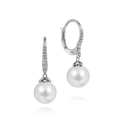 Discount Gabriel & Co. 14K White Gold Pearl and Diamond Leverback Earrings