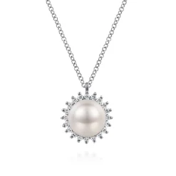 Outlet Gabriel & Co. 14K White Gold Pearl with Diamond Halo Pendant Necklace