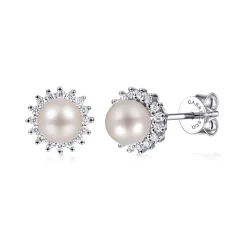 Clearance Gabriel & Co. 14K White Gold Pearl with Diamond Halo Stud Earrings