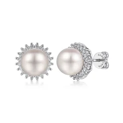 New Gabriel & Co. 14K White Gold Pearl with Diamond Halo Stud Earrings