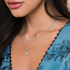 Discount Gabriel & Co. 14K White Gold Pear Shape Blue Topaz and Diamond Halo Pendant Necklace