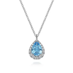 Discount Gabriel & Co. 14K White Gold Pear Shape Blue Topaz and Diamond Halo Pendant Necklace