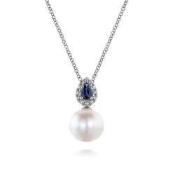 Clearance Gabriel & Co. 14K White Gold Pear Shaped Sapphire and Diamond Halo Pendant Necklace with Pearl