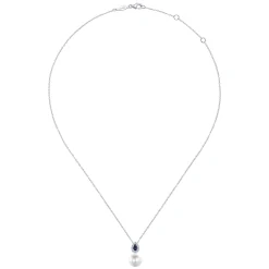 Clearance Gabriel & Co. 14K White Gold Pear Shaped Sapphire and Diamond Halo Pendant Necklace with Pearl