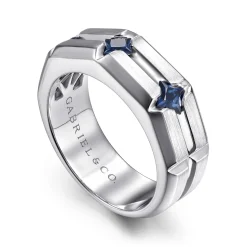 Sale Gabriel & Co. 14K White Gold Ring with Princess Cut Sapphire B quality Stations in East West Brush Finish