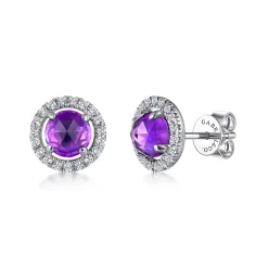 Best Gabriel & Co. 14K White Gold Round Amethyst and Diamond Halo Stud Earrings