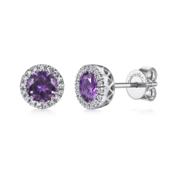 Hot Gabriel & Co. 14K White Gold Round Amethyst and Diamond Halo Stud Earrings