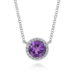 Hot Gabriel & Co. 14K White Gold Round Amethyst and Diamond Halo Pendant Necklace