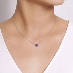 Hot Gabriel & Co. 14K White Gold Round Amethyst and Diamond Halo Pendant Necklace