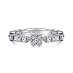 Outlet Gabriel & Co. 14K White Gold Round and Princess Cut Diamond Stations Anniversary Band with Milgrain - 0.55 ct
