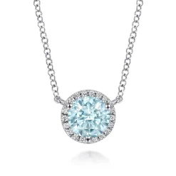 Outlet Gabriel & Co. 14K White Gold Round Aquamarine and Diamond Halo Pendant Necklace