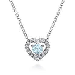 Sale Gabriel & Co. 14K White Gold Round Aquamarine and Diamond Heart Pendant Necklace