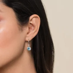 Gabriel & Co. 14K White Gold Round Blue Topaz and Diamond Halo Drop Earrings