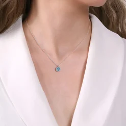 Online Gabriel & Co. 14K White Gold Round Blue Topaz and Diamond Halo Pendant Necklace