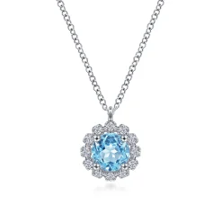 Online Gabriel & Co. 14K White Gold Round Blue Topaz and Diamond Halo Pendant Necklace