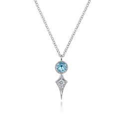 New Gabriel & Co. 14K White Gold Round Blue Topaz and Kite Diamond Pendant Necklace